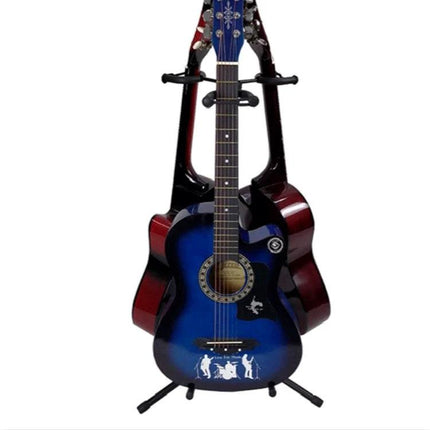 Guitar Stand for Securing Instruments During Home Practice holding an acoustic guitar upright in a small living room or bedroom