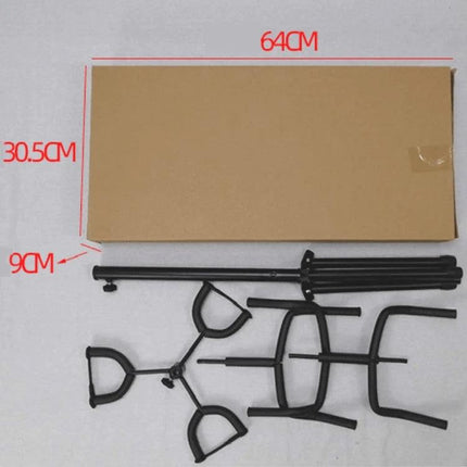 Guitar Stand for Securing Instruments During Home Practice showing disassembled black metal parts and cardboard box with dimensions