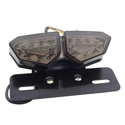 Motorcycle LED Tail Light with Integrated Brake and Turn Signals mounted on black bracket, ABS housing and DC12-14V wiring