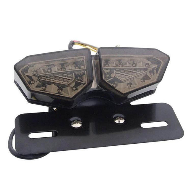 Motorcycle LED Tail Light with Integrated Brake and Turn Signals mounted on black bracket, ABS housing and DC12-14V wiring