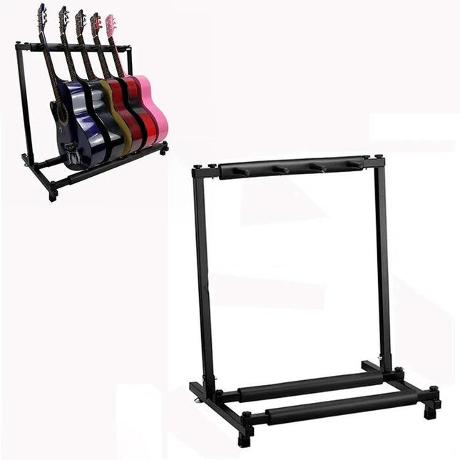 Versatile Foldable Stand for Home Guitar Organization showing a compact black foldable guitar rack holding multiple acoustic guitars