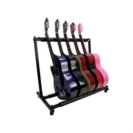 Versatile Foldable Stand for Home Guitar Organization holding five guitars in a compact, foldable metal rack for living room or bedroom storage
