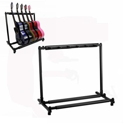 Versatile Foldable Stand for Home Guitar Organization displaying multiple guitars on a compact, black foldable rack for living room or bedroom use