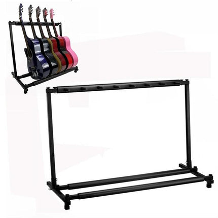 Versatile Foldable Stand for Home Guitar Organization holding multiple acoustic and electric guitars in a compact foldable frame