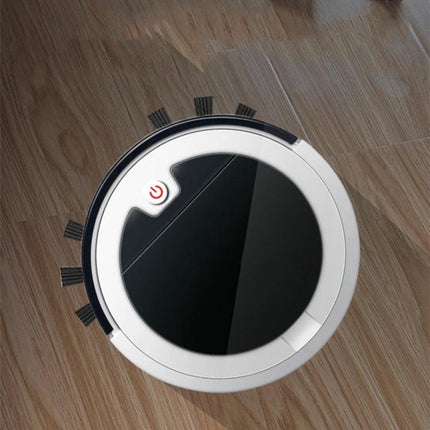 Smart Sweeping Robot for Home Floor Cleaning with Remote Control white round robot on hardwood floor, slim profile for sweeping vacuuming and mopping
