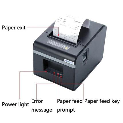 Xprinter Thermal Receipt Printer for Small Ticket Bluetooth Use showing paper exit, power light, error message, and paper feed key
