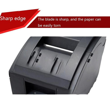 Xprinter Dot Matrix Printer for Invoice and Receipt Printing - close-up of paper feed and sharp tear blade on black printer
