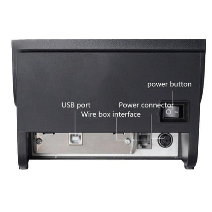 Xprinter Dot Matrix Printer for Invoice and Receipt Printing rear view showing USB port, power connector, wire box interface and power button