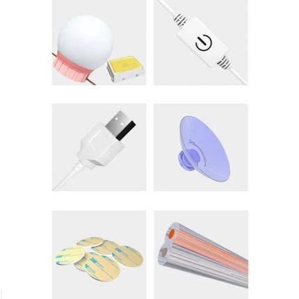 Essential Dimmable Mirror for Everyday Beauty Tasks - USB plug, dimmer switch, suction mount, adhesive pads and travel-friendly parts