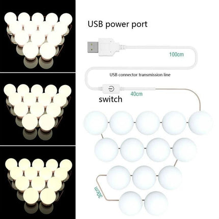 Essential Dimmable Mirror for Everyday Beauty Tasks - USB powered LED bulb layout with 3 brightness levels, USB cord, and inline switch