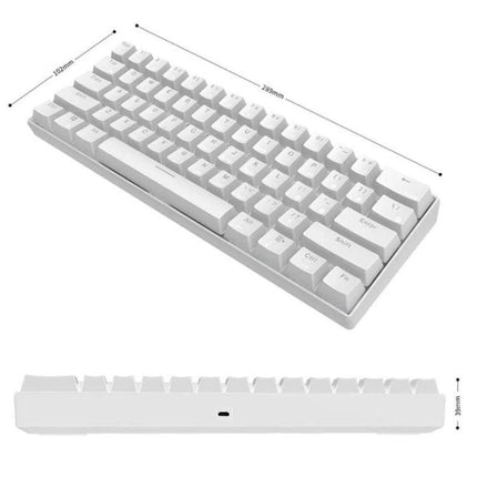 Wireless 61-Key Mechanical Keyboard for Gaming and Office Use in white, compact 61-key layout shown from angle with dimensions and side profile