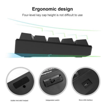 Wireless 61-Key Mechanical Keyboard for Gaming and Office Use - side view showing ergonomic 4° tilt, rubber footpad, power switch, and micro-USB port