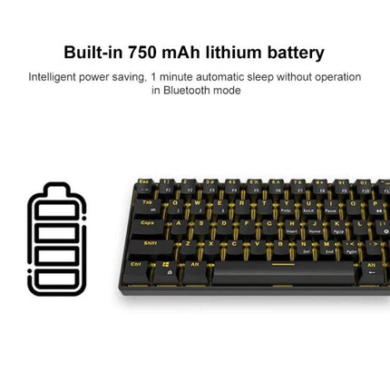 Wireless 61-Key Mechanical Keyboard for Gaming and Office Use showing compact black keyboard with yellow backlight and built-in 750mAh battery icon