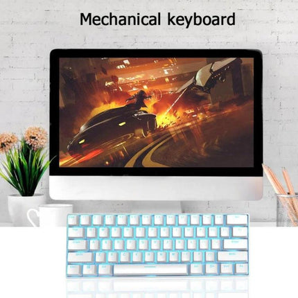 Wireless 61-Key Mechanical Keyboard for Gaming and Office Use shown compact on desk with monitor displaying racing game