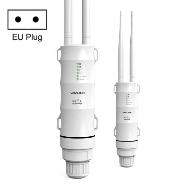WAVLINK Outdoor Dual-Band Wi-Fi Repeater for Large Area Coverage white outdoor unit with dual antennas and EU plug