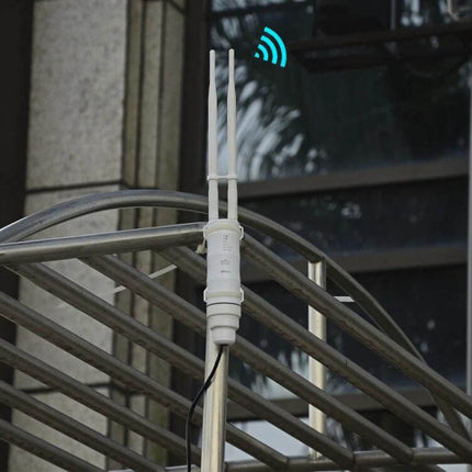 WAVLINK Outdoor Dual-Band Wi-Fi Repeater for Large Area Coverage mounted on outdoor railing boosting 2.4GHz and 5GHz signals