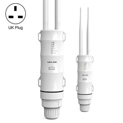 WAVLINK Outdoor Dual-Band Wi-Fi Repeater for Large Area Coverage white outdoor unit with dual antennas and UK plug icon