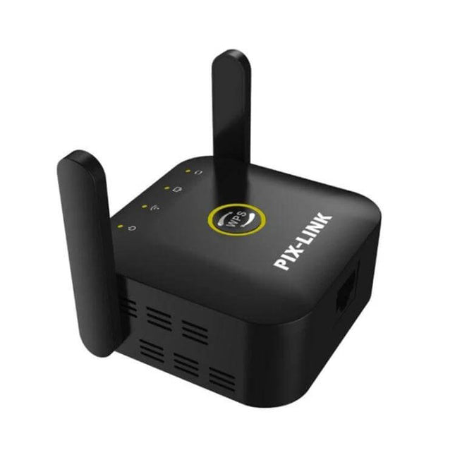 PIX-LINK Wireless WiFi Signal Extender for Home Coverage compact dual-antenna black unit boosting home WiFi range for streaming and remote work