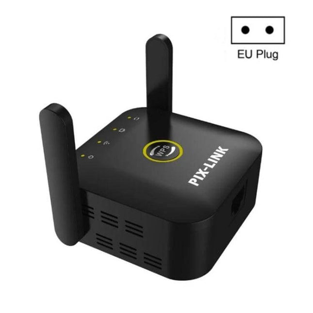 PIX-LINK Wireless WiFi Signal Extender for Home Coverage – compact black extender with dual antennas and WPS button for boosting home WiFi