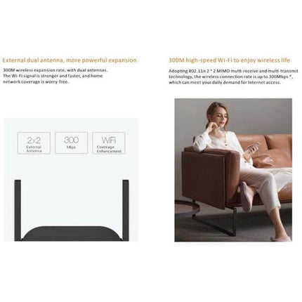 PIX-LINK Wireless WiFi Signal Extender for Home Coverage showing device with dual antennas and user streaming comfortably