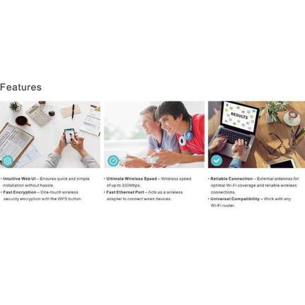 PIX-LINK Wireless WiFi Signal Extender for Home Coverage showing features and home usage scenarios