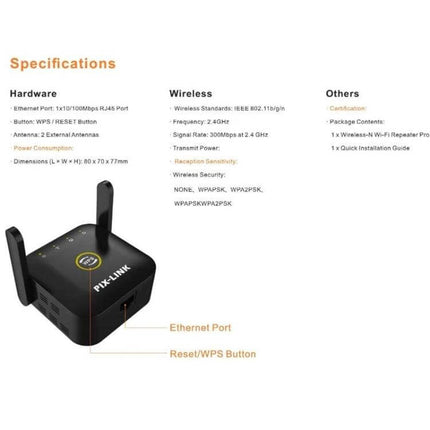 PIX-LINK Wireless WiFi Signal Extender for Home Coverage compact black dual-antenna WiFi range extender showing Ethernet port and Reset/WPS button