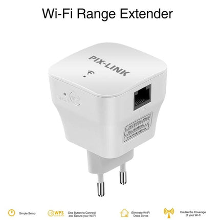 PIXLINK Wireless WiFi Repeater for Extending Home Network Coverage – compact white WiFi range extender with Ethernet port and plug-in design