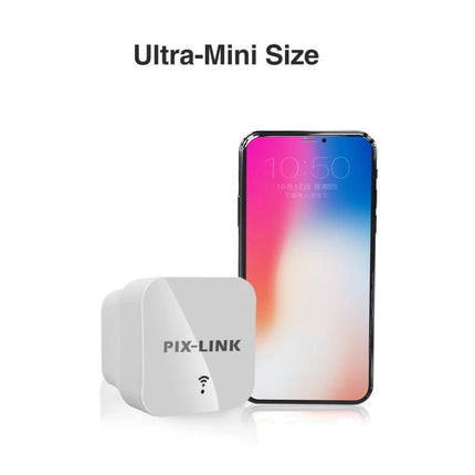 PIXLINK Wireless WiFi Repeater for Extending Home Network Coverage compact ultra-mini repeater next to smartphone