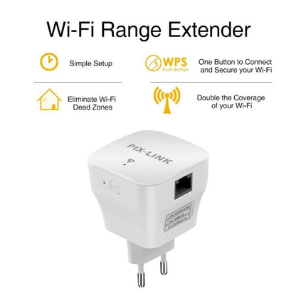 PIXLINK Wireless WiFi Repeater for Extending Home Network Coverage - compact white plug-in range extender boosting WiFi to eliminate dead zones