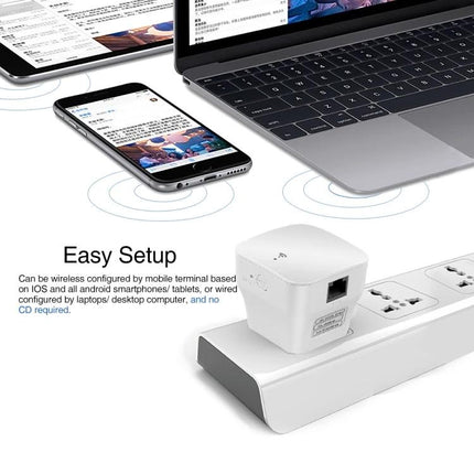 PIXLINK Wireless WiFi Repeater for Extending Home Network Coverage plugged into power strip near laptop and smartphone showing extended WiFi signal