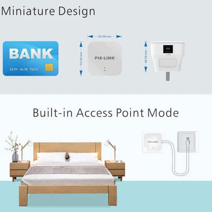 PIXLINK Wireless WiFi Repeater for Extending Home Network Coverage - compact wall-plug repeater shown in bedroom demonstrating built-in access point mode
