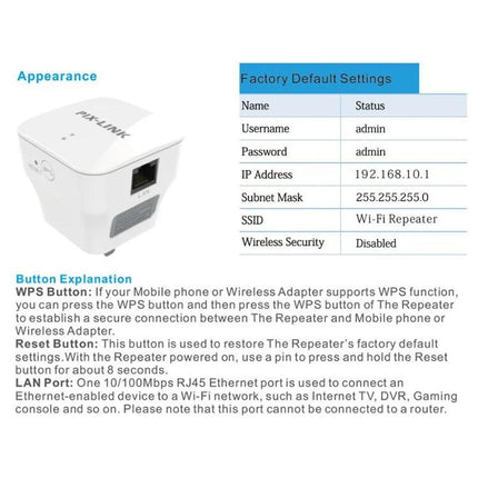 PIXLINK Wireless WiFi Repeater for Extending Home Network Coverage - compact white repeater with LAN port and factory default settings table