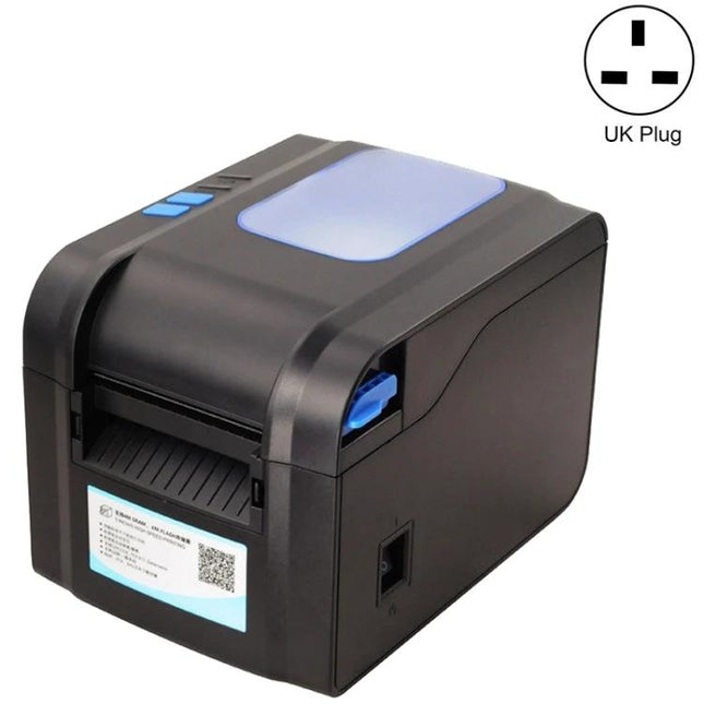 Xprinter XP-370B Thermal Barcode Printer for Labels and Tickets showing black desktop thermal label and ticket printer with UK plug icon