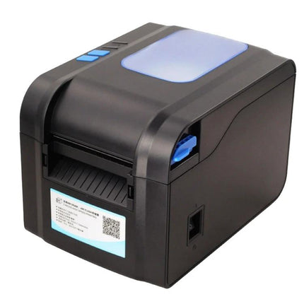Xprinter XP-370B Thermal Barcode Printer for Labels and Tickets compact black label and ticket printer with blue accents