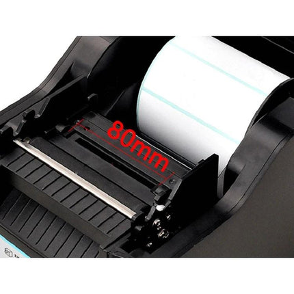 Xprinter XP-370B Thermal Barcode Printer for Labels and Tickets showing 80mm label roll and print mechanism