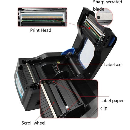 Xprinter XP-370B Thermal Barcode Printer for Labels and Tickets open view showing print head, label axis, label paper clip and serrated blade