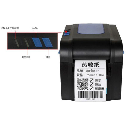 Xprinter XP-370B Thermal Barcode Printer for Labels and Tickets showing black label printer with printed barcode ticket and control buttons