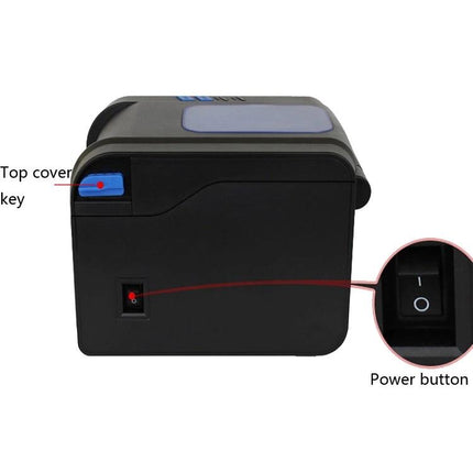 Xprinter XP-370B Thermal Barcode Printer for Labels and Tickets showing side view with top cover key and power button