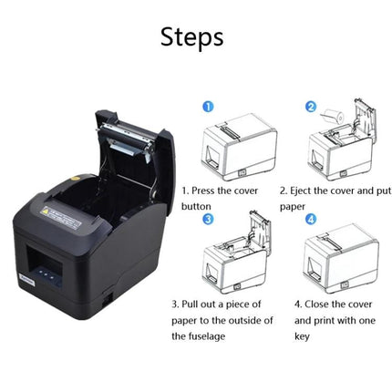 Xprinter Thermal Receipt Printer for Point of Sale Systems showing open cover and paper loading steps