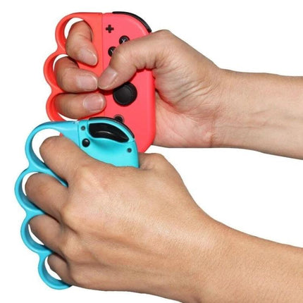 Enhance Your Home Gaming with Nintendo Switch Handle Grips - red and blue ergonomic handle grips attached to Joy-Con controllers for comfortable motion play