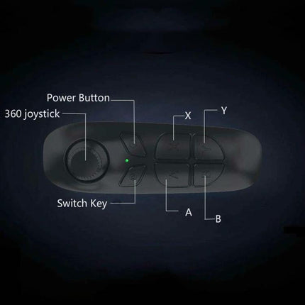 Bluetooth Remote Control for Smartphones and VR Selfies black controller top view showing power button, 360 joystick, switch key and labeled A B X Y buttons