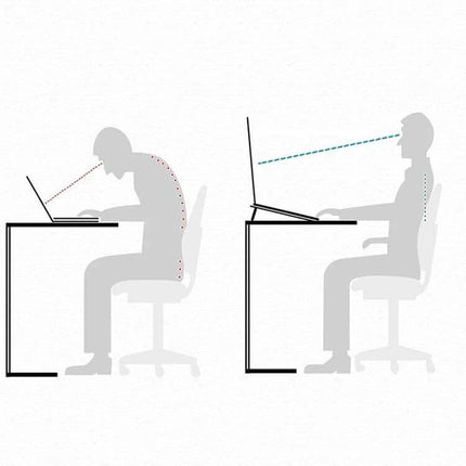 Compact Laptop Stand with Built-in Cooling Fan for Laptops showing improved ergonomic posture and screen angle versus slouched position