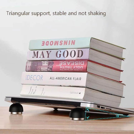 Compact Laptop Stand with Built-in Cooling Fan for Laptops showing triangular support holding stacked books to demonstrate stability