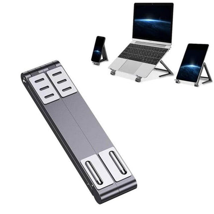 Folding Aluminum Laptop Stand for Elevated Device Use - compact folding aluminum stand holds laptop tablet and phone, elevates screen to eye level