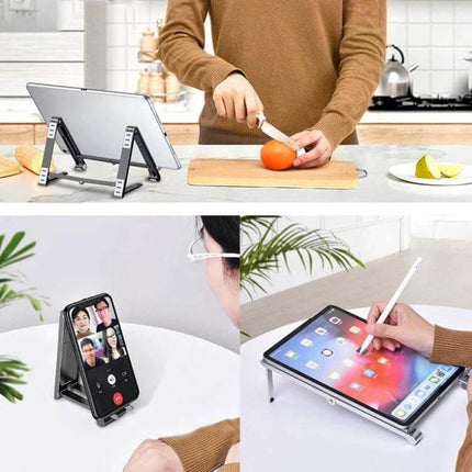 Folding Aluminum Laptop Stand for Elevated Device Use showing tablet and phone positioned at eye level in kitchen and desk setups