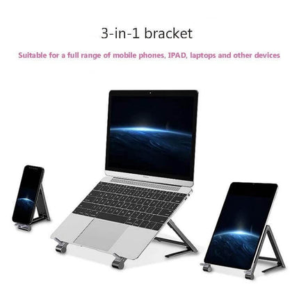 Folding Aluminum Laptop Stand for Elevated Device Use showing laptop and phones on foldable aluminum stands for ergonomic viewing and travel-friendly setup