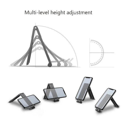 Folding Aluminum Laptop Stand for Elevated Device Use showing multi-level height adjustment and angles for phones and tablets