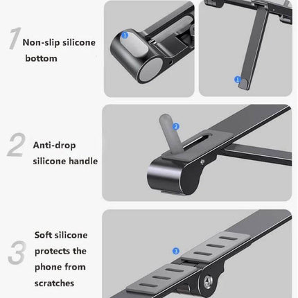 Folding Aluminum Laptop Stand for Elevated Device Use - folding aluminum stand with non-slip silicone pads, anti-drop handle, and soft phone protection