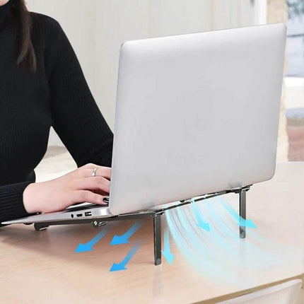 Folding Aluminum Laptop Stand for Elevated Device Use showing laptop on compact aluminum stand elevating device for better viewing and airflow