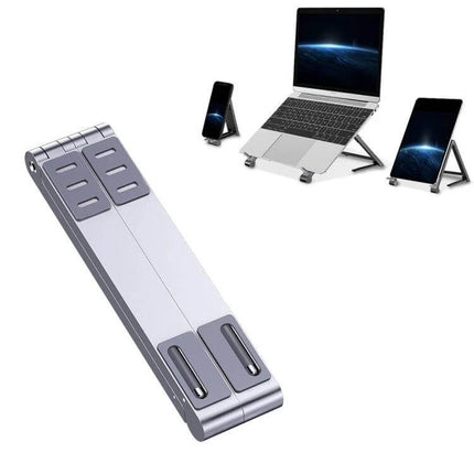 Folding Aluminum Laptop Stand for Elevated Device Use — compact folding aluminum stand for laptop tablet phone, portable travel desk setup